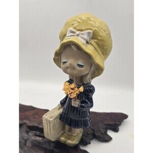 Vintage 60s-70s Little Girl w Flowers & Suitcase Japan Figurine Spring Cottage